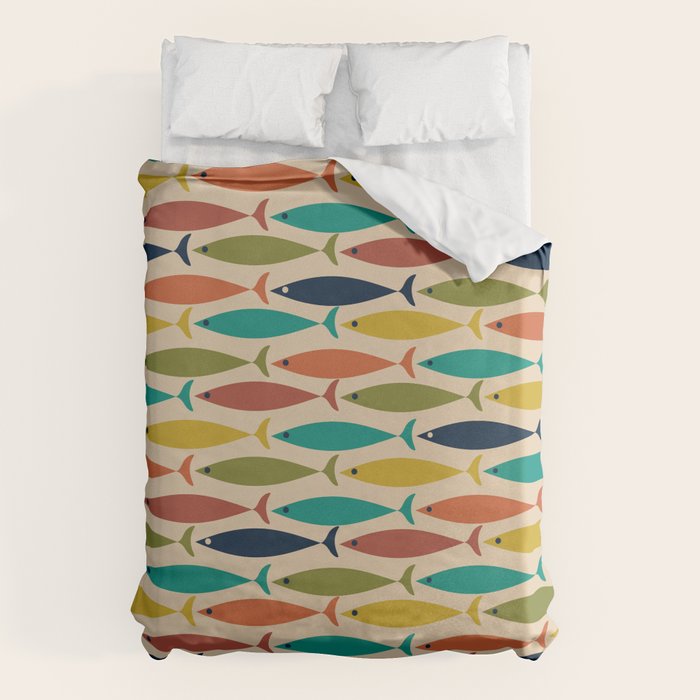 Midcentury Modern Multicolor Fish Pattern 2 in Olive, Mustard, Orange, Teal, Beige Duvet Cover Gallery Image 1