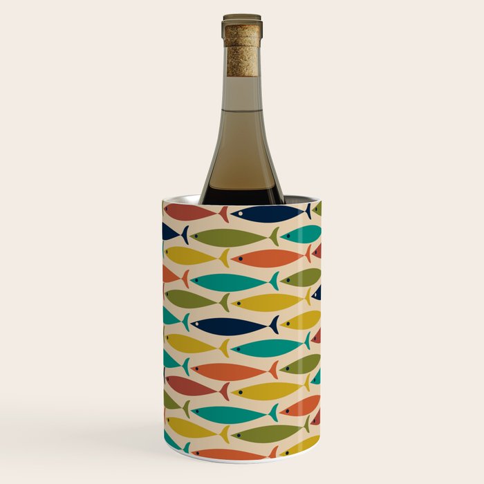Midcentury Modern Multicolor Fish Pattern 2 in Olive, Mustard, Orange, Teal, Beige Wine Chiller Gallery Image 3