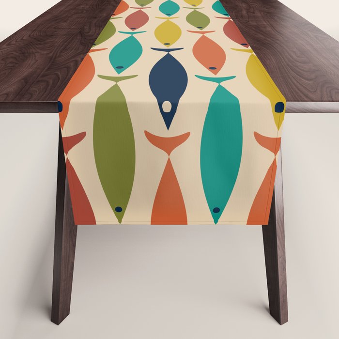 Midcentury Modern Multicolor Fish Pattern 2 in Olive, Mustard, Orange, Teal, Beige Table Runner Gallery Image 1