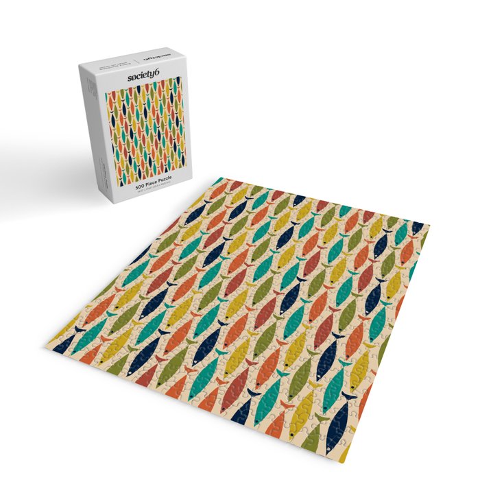 Midcentury Modern Multicolor Fish Pattern 2 in Olive, Mustard, Orange, Teal, Beige Jigsaw Puzzle Gallery Image 2