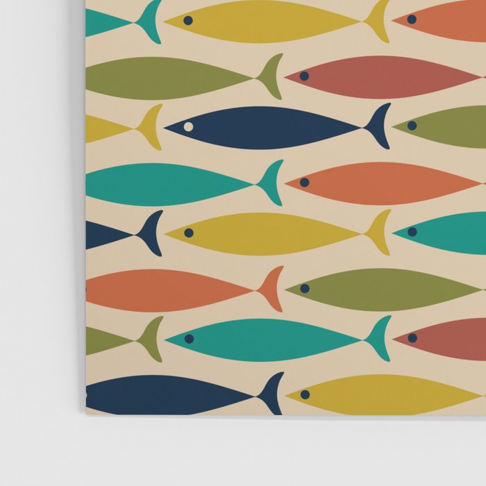 Midcentury Modern Multicolor Fish Pattern 2 in Olive, Mustard, Orange, Teal, Beige Poster Gallery Image 3