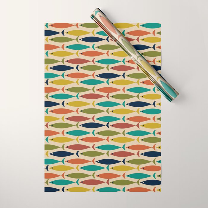 Midcentury Modern Multicolor Fish Pattern 2 in Olive, Mustard, Orange, Teal, Beige Wrapping Paper Gallery Image 1