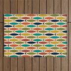 Midcentury Modern Multicolor Fish Pattern 2 in Olive, Mustard, Orange, Teal, Beige Outdoor Rug Gallery Image 1