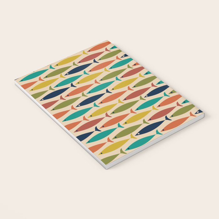 Midcentury Modern Multicolor Fish Pattern 2 in Olive, Mustard, Orange, Teal, Beige Notebook Gallery Image 3