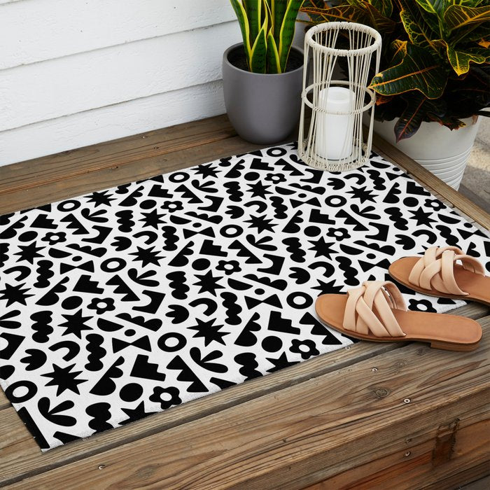 Abstract organic black and white shape pattern Outdoor Rug Gallery Image 2