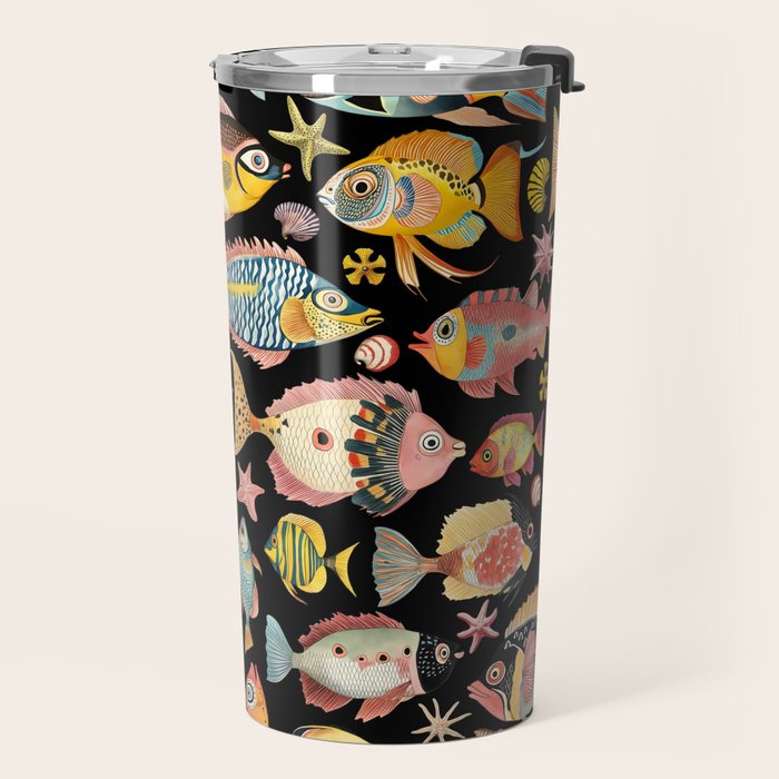 Whimsical Underwater World Multicolor Fish Pattern Black Travel Mug Gallery Image 2