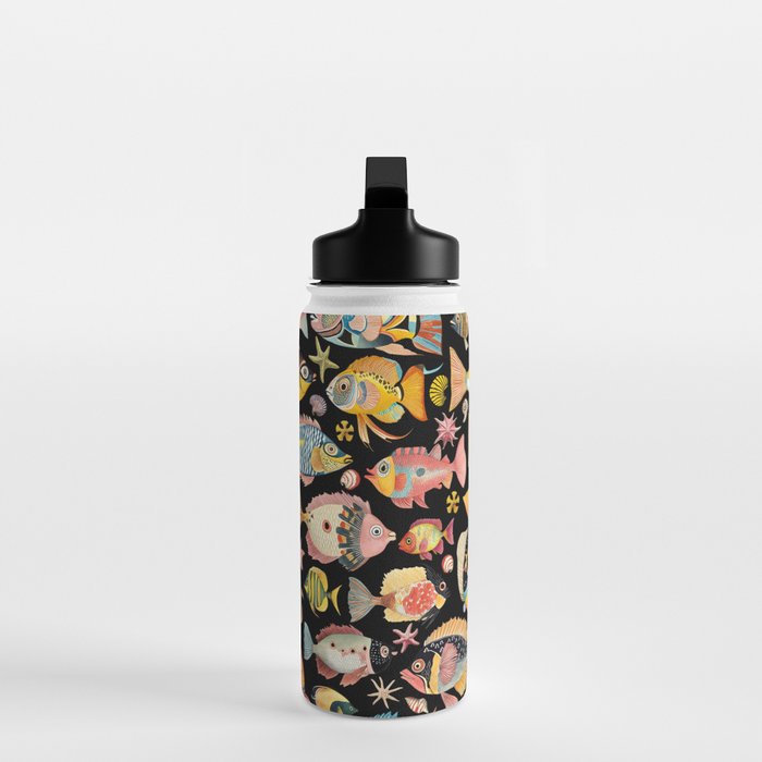 Whimsical Underwater World Multicolor Fish Pattern Black Water Bottle Gallery Image 3