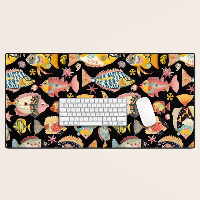 Whimsical Underwater World Multicolor Fish Pattern Black Desk Mat Gallery Image 1