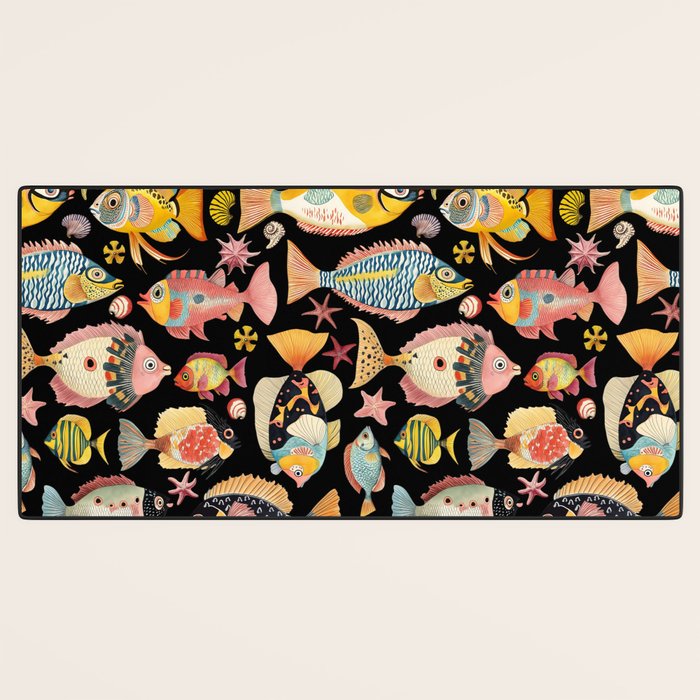 Whimsical Underwater World Multicolor Fish Pattern Black Desk Mat Gallery Image 3