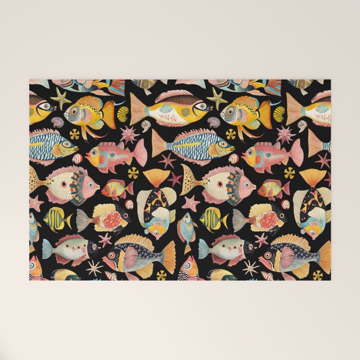 Whimsical Underwater World Multicolor Fish Pattern Black Welcome Mat Gallery Image 1