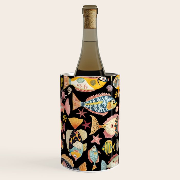 Whimsical Underwater World Multicolor Fish Pattern Black Wine Chiller Gallery Image 1