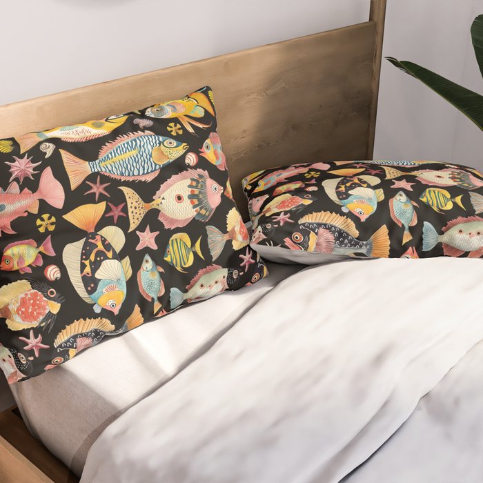 Whimsical Underwater World Multicolor Fish Pattern Black Pillow Sham Gallery Image 2