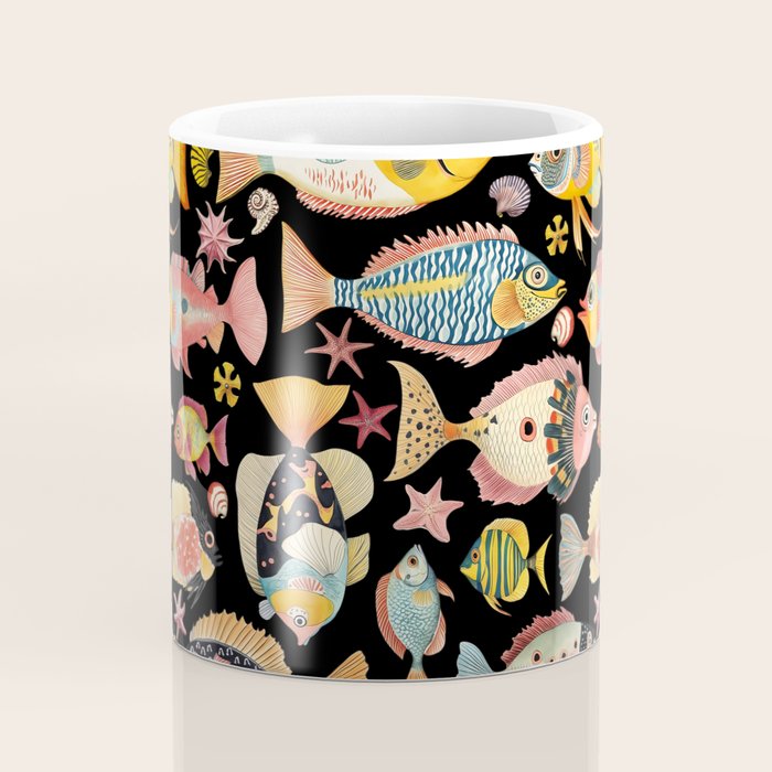 Whimsical Underwater World Multicolor Fish Pattern Black Coffee Mug Gallery Image 4