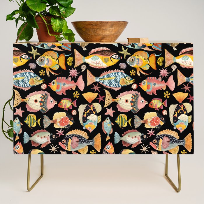 Whimsical Underwater World Multicolor Fish Pattern Black Credenza Gallery Image 1