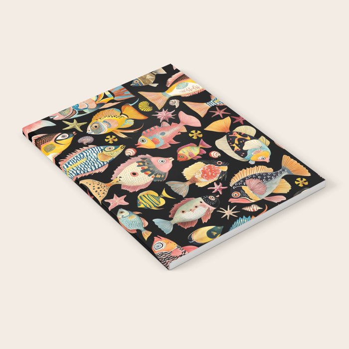 Whimsical Underwater World Multicolor Fish Pattern Black Notebook Gallery Image 2