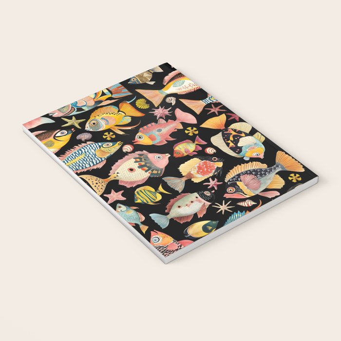 Whimsical Underwater World Multicolor Fish Pattern Black Notebook Gallery Image 3
