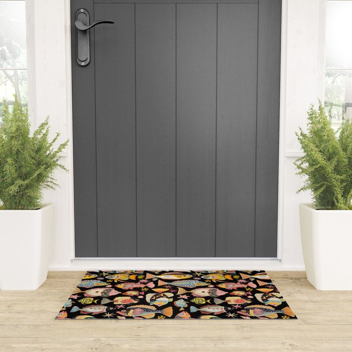 Whimsical Underwater World Multicolor Fish Pattern Black Welcome Mat Gallery Image 3
