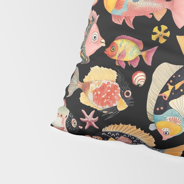 Whimsical Underwater World Multicolor Fish Pattern Black Pillow Sham Gallery Image 4