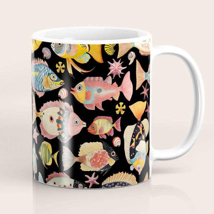 Whimsical Underwater World Multicolor Fish Pattern Black Coffee Mug Gallery Image 1