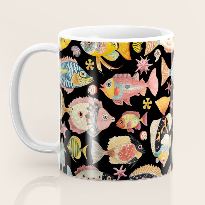 Whimsical Underwater World Multicolor Fish Pattern Black Coffee Mug Gallery Image 3