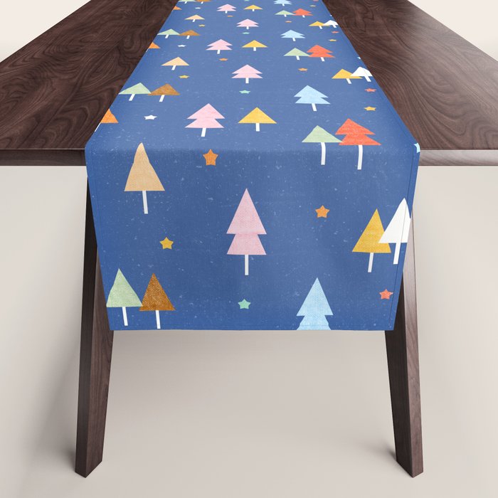 Colorful Scandinavian Christmas Trees on Blue Table Runner Gallery Image 1