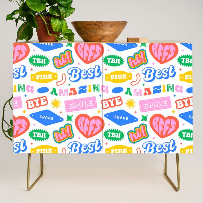Retro funny sticker quote label pattern Credenza Gallery Image 1