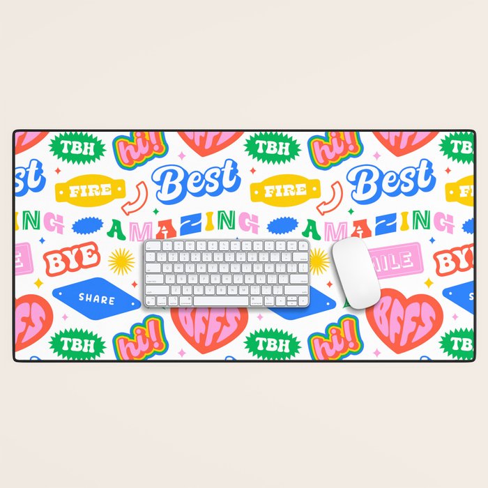 Retro funny sticker quote label pattern Desk Mat Gallery Image 1