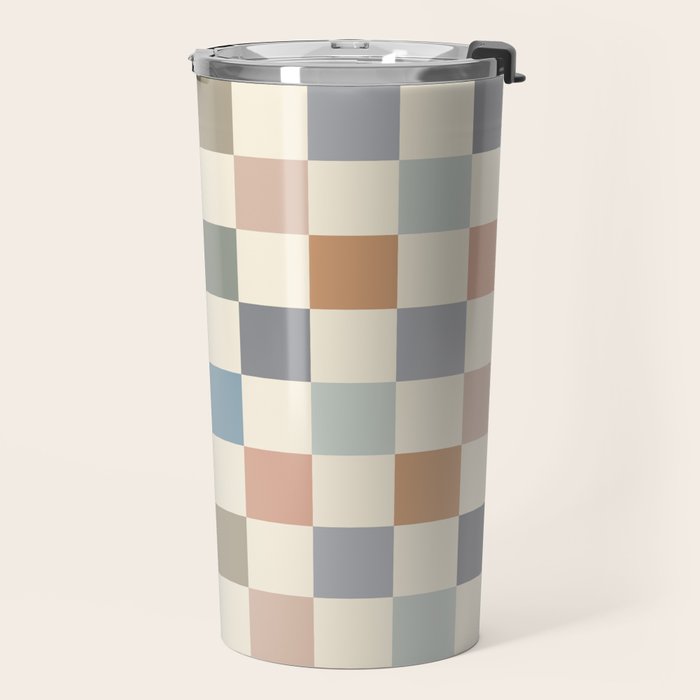 Blue & Beige Neutral Checker Travel Mug Gallery Image 2