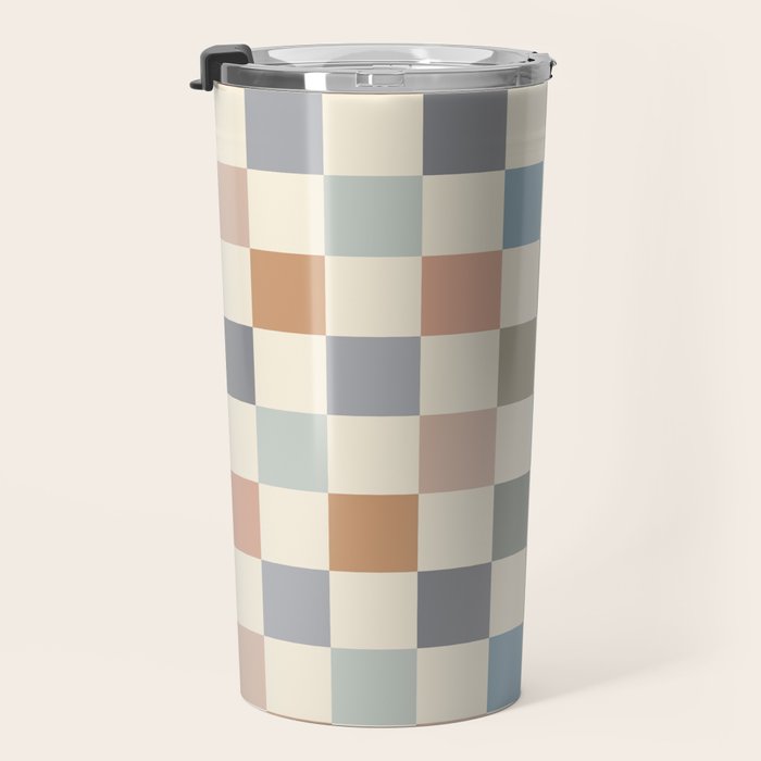Blue & Beige Neutral Checker Travel Mug Gallery Image 3