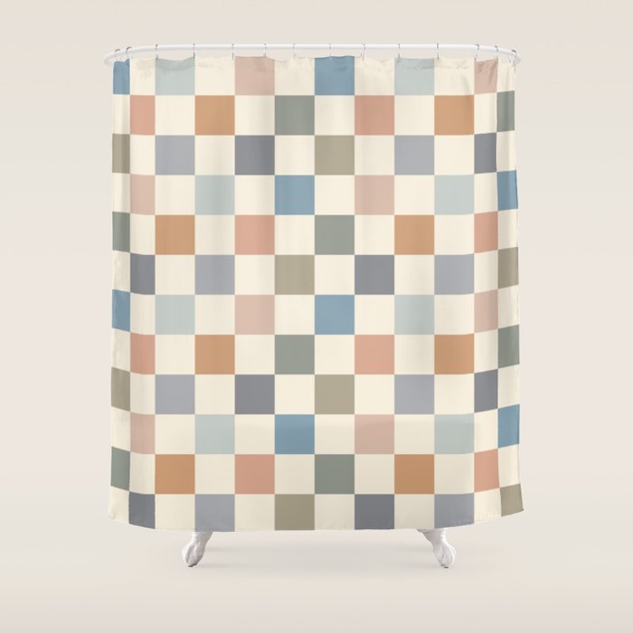 Blue & Beige Neutral Checker Shower Curtain Gallery Image 1
