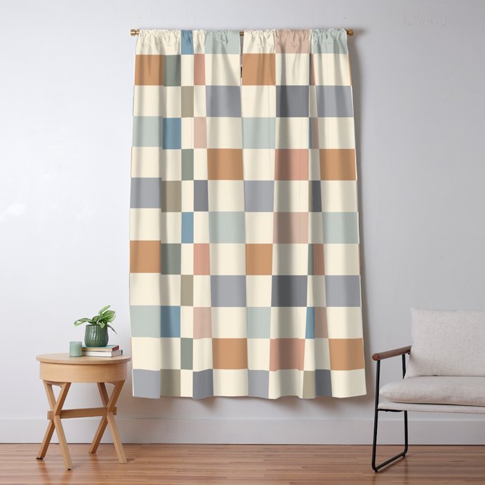 Blue & Beige Neutral Checker Window Curtain Gallery Image 5