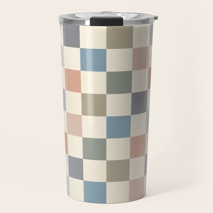 Blue & Beige Neutral Checker Travel Mug Gallery Image 1