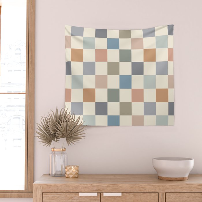 Blue & Beige Neutral Checker Wall Tapestry Gallery Image 2