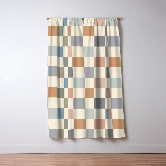 Blue & Beige Neutral Checker Window Curtain Gallery Image 3