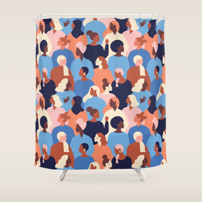 Female diverse faces of different ethnicity blue Shower Curtain Gallery Image 1