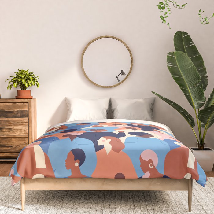 Female diverse faces of different ethnicity blue Comforter Gallery Image 3