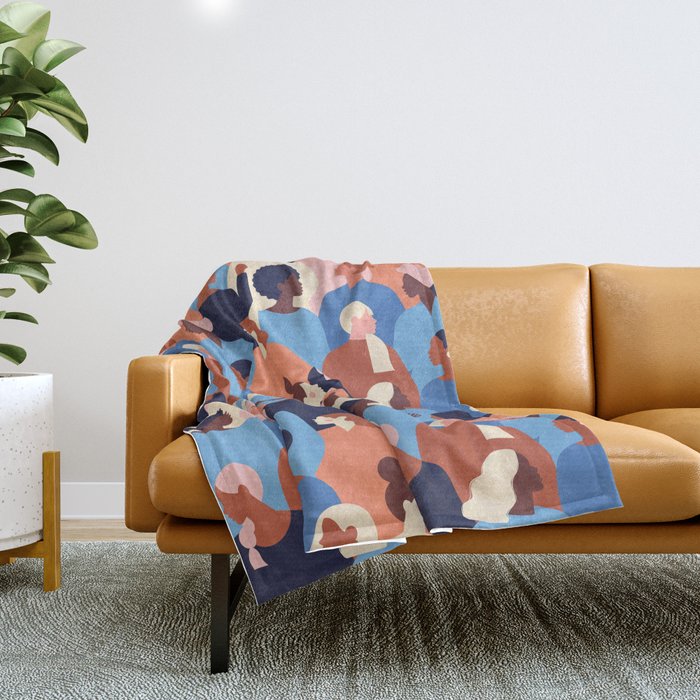 Female diverse faces of different ethnicity blue Throw Blanket Gallery Image 1