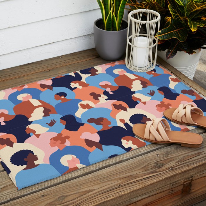 Female diverse faces of different ethnicity blue Outdoor Rug Gallery Image 2
