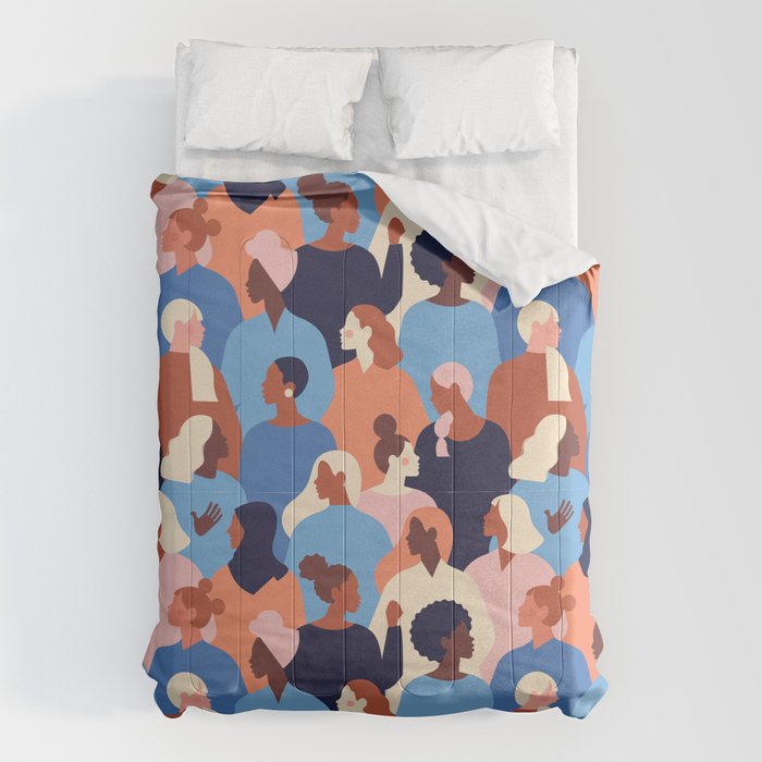 Female diverse faces of different ethnicity blue Comforter Gallery Image 6