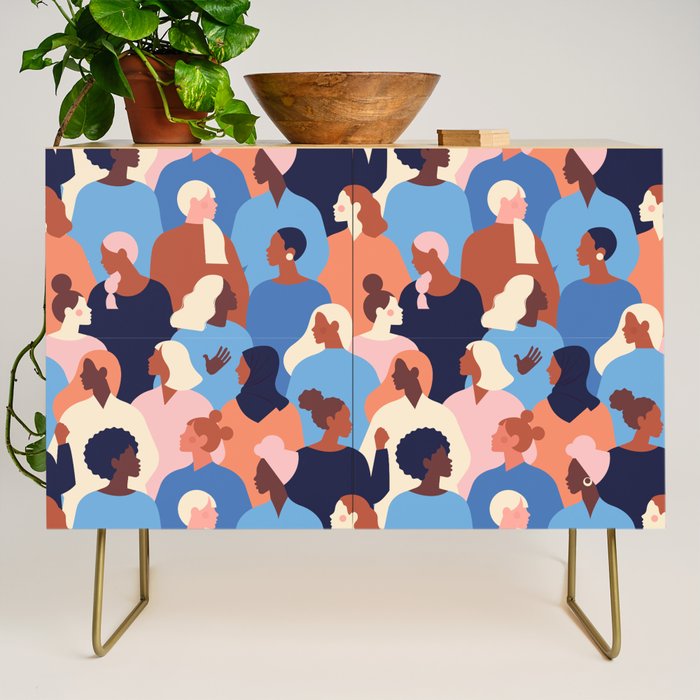 Female diverse faces of different ethnicity blue Credenza Gallery Image 1
