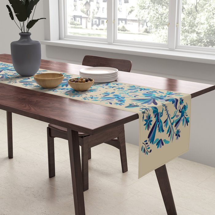 Blue otomi tenango mexican fabric birds and flower embroidery interior design Table Runner Gallery Image 2