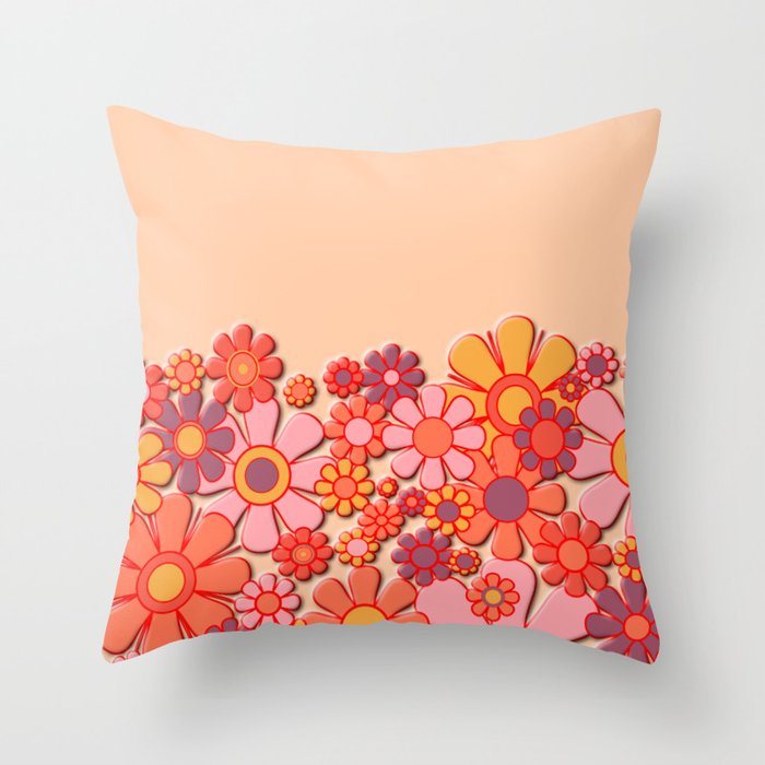 Retro Garden Flower Cuff Puffy Look Pink Peach Orange 60s 70s Pattern Throw Pillow Gallery Image 6