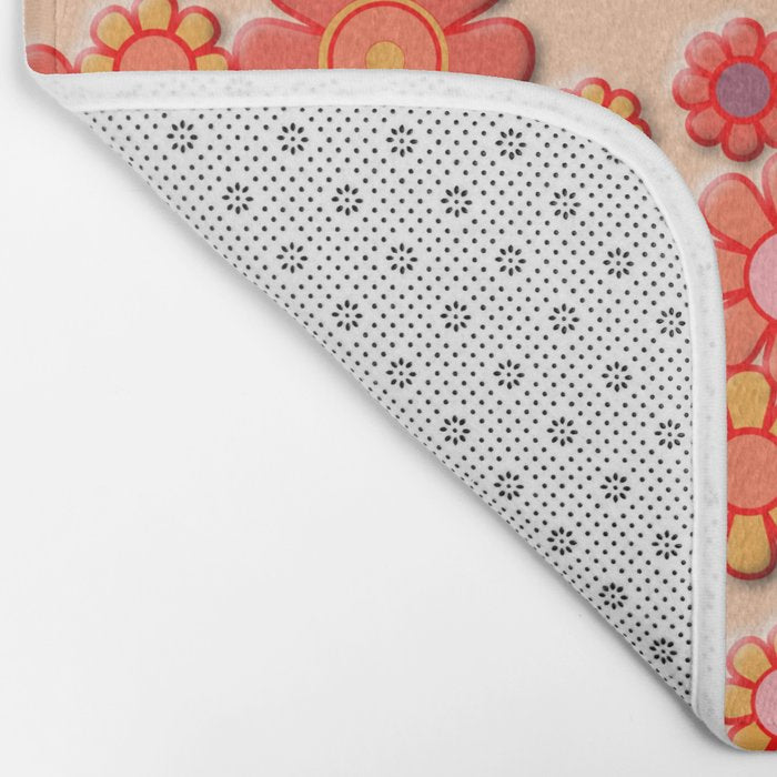 Retro Garden Flower Cuff Puffy Look Pink Peach Orange 60s 70s Pattern Bath Mat Gallery Image 2
