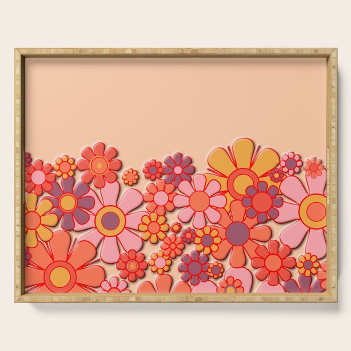 Retro Garden Flower Cuff Puffy Look Pink Peach Orange 60s 70s Pattern Serving Tray Gallery Image 1