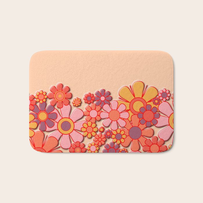 Retro Garden Flower Cuff Puffy Look Pink Peach Orange 60s 70s Pattern Bath Mat Gallery Image 1