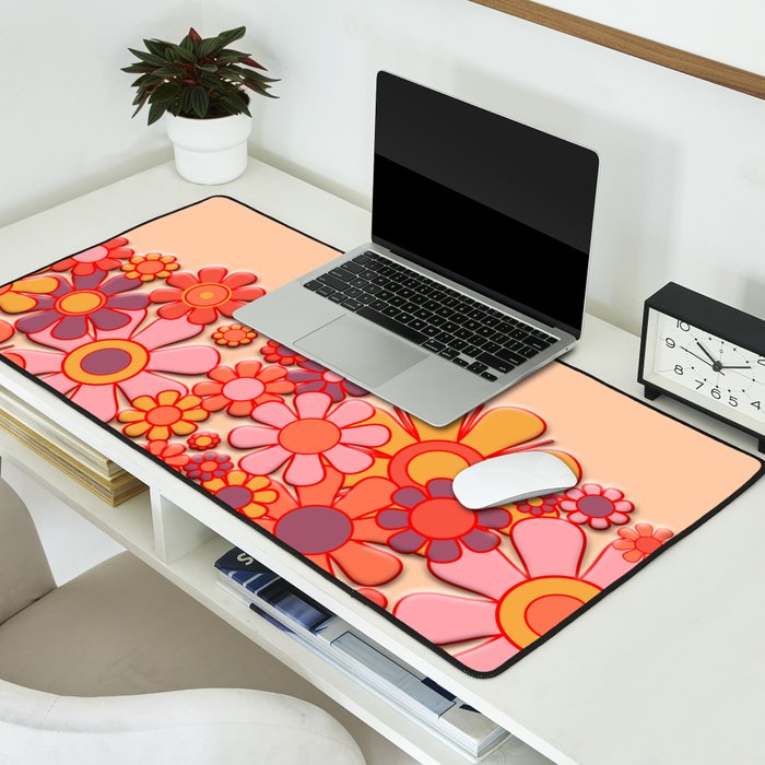 Retro Garden Flower Cuff Puffy Look Pink Peach Orange 60s 70s Pattern Desk Mat Gallery Image 2
