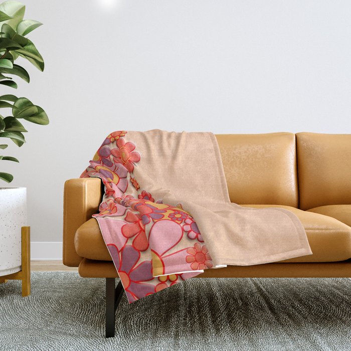 Retro Garden Flower Cuff Puffy Look Pink Peach Orange 60s 70s Pattern Throw Blanket Gallery Image 1