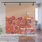 Retro Garden Flower Cuff Puffy Look Pink Peach Orange 60s 70s Pattern Wall Mural Gallery Image 1