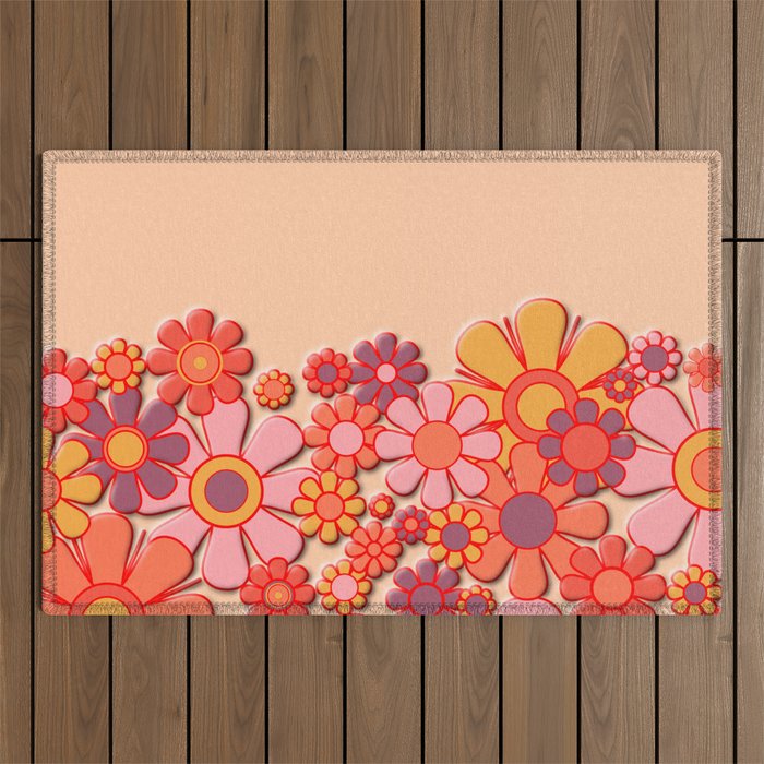 Retro Garden Flower Cuff Puffy Look Pink Peach Orange 60s 70s Pattern Outdoor Rug Gallery Image 1