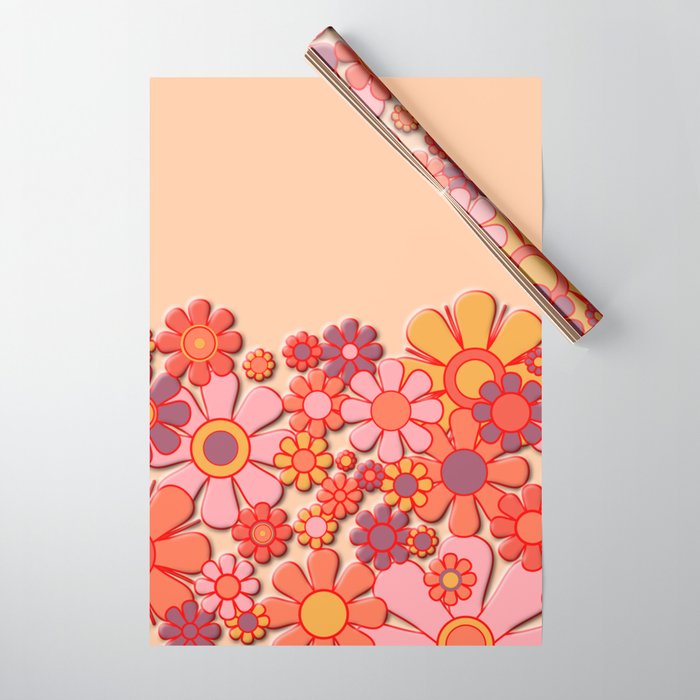 Retro Garden Flower Cuff Puffy Look Pink Peach Orange 60s 70s Pattern Wrapping Paper Gallery Image 1